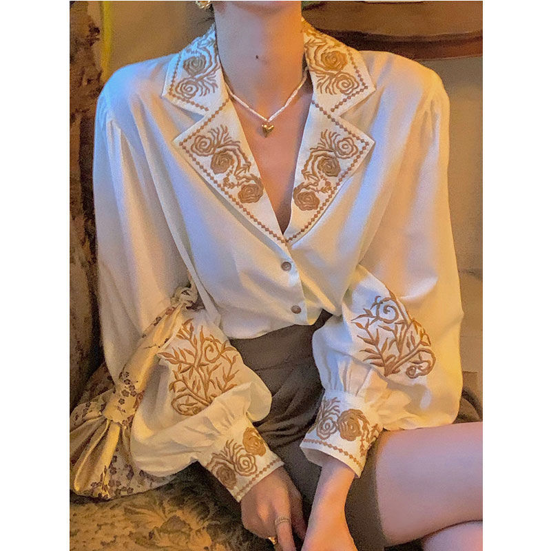 Embroidery Cotton Shirt - بلوزة قميص حريمي مطرز ريترو مطرزة