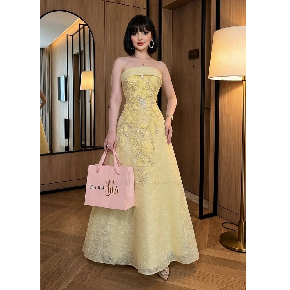 Embroidery Yellow Dress - فستان سهرة بخط A بلون أصفر